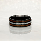 "HALO" Tungsten Carbide Black Ring 8mm w/ White Turquoise and Koa Wood - Pristine Pieces By Amy