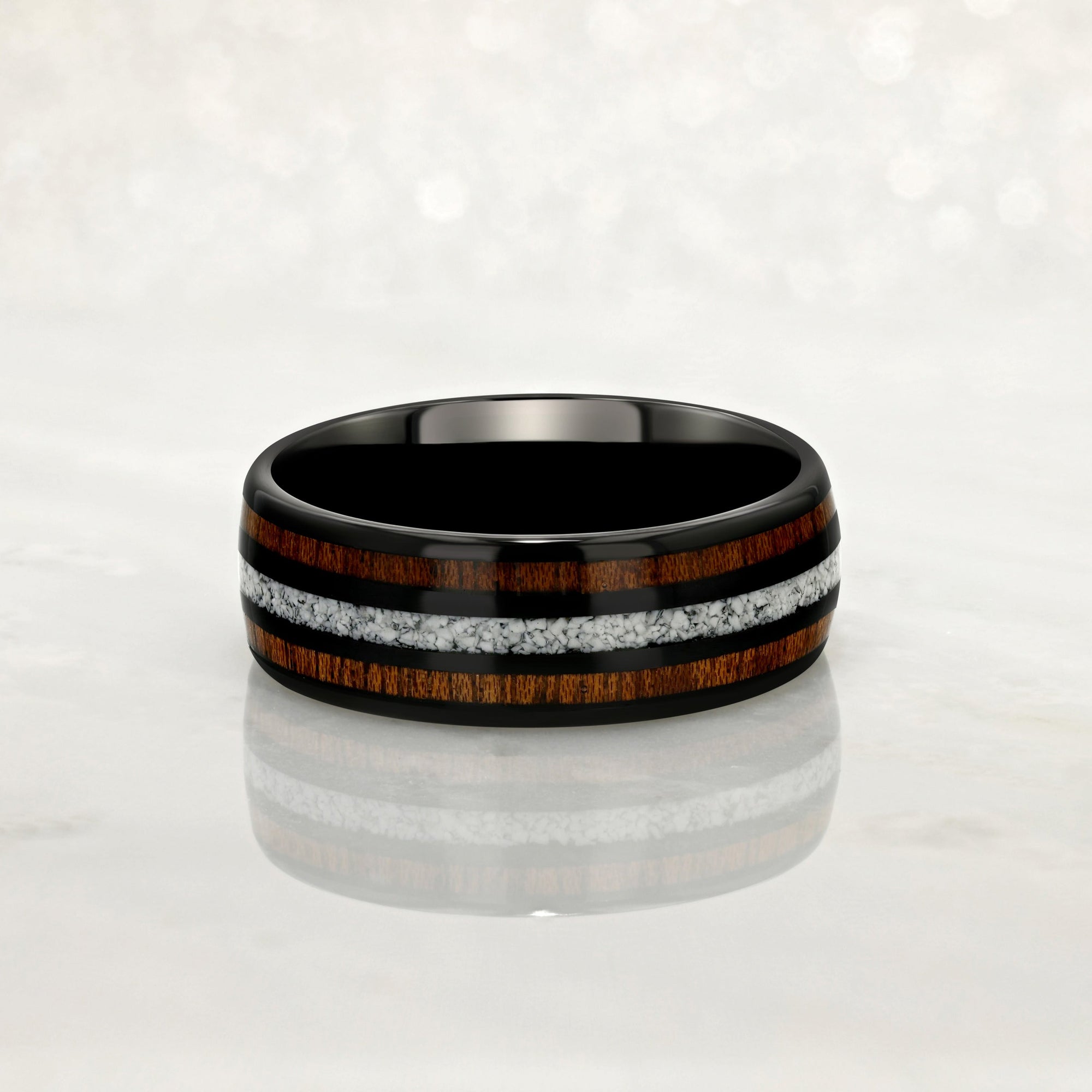 "HALO" Tungsten Carbide Black Ring 8mm w/ White Turquoise and Koa Wood - Pristine Pieces By Amy