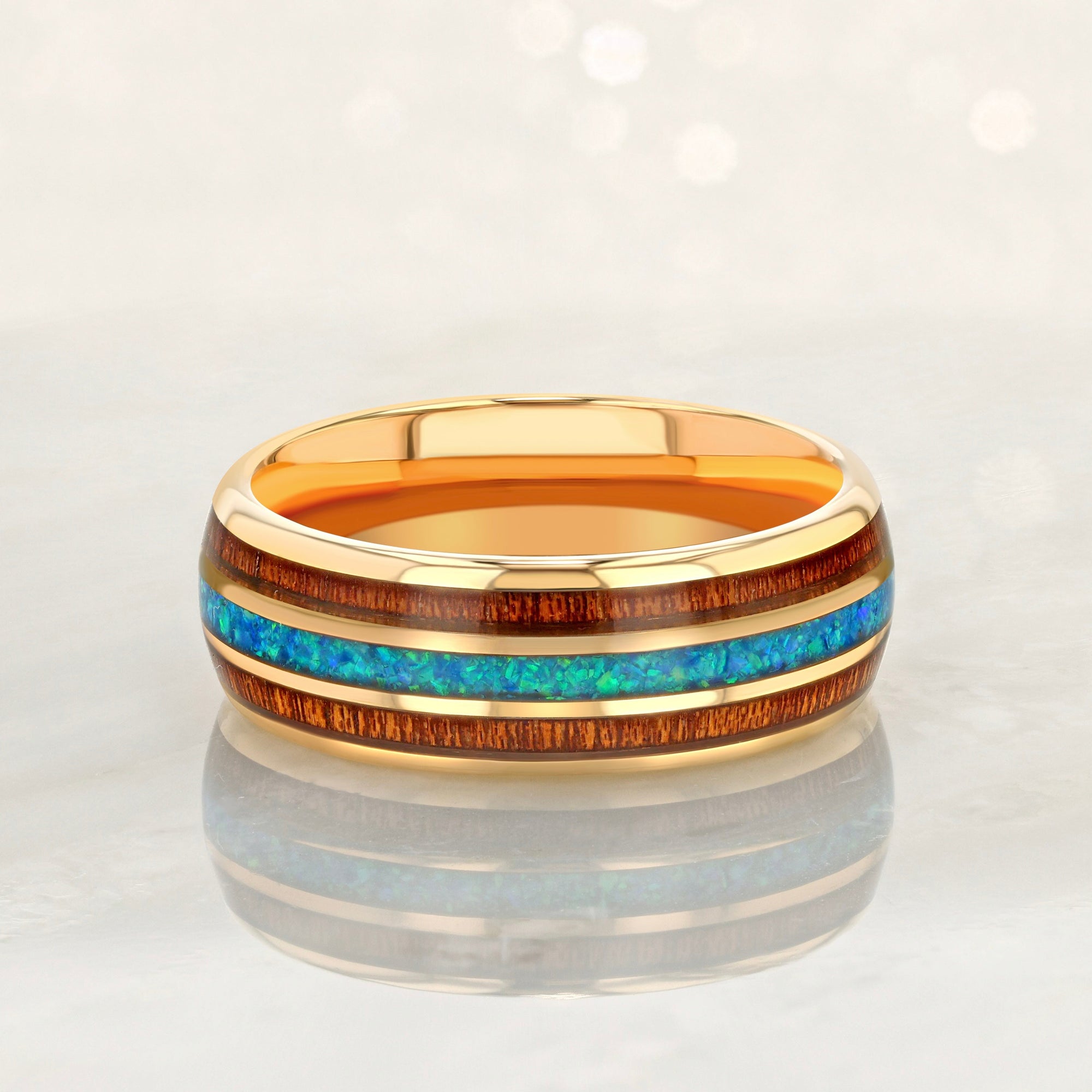 "HALO" Tungsten Carbide Rose Gold Ring 8mm w/ Blue Opal and Koa Wood - Pristine Pieces By Amy
