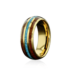 "HALO" Tungsten Carbide Yellow Gold Ring 8mm w/ Blue Turquoise and Koa Wood - Pristine Pieces By Amy