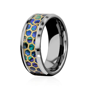 "HONEYCOMB" Tungsten Carbide Silver Ring 8mm w/ Abalone and Gold Honeycomb Design - Pristine Pieces By Amy