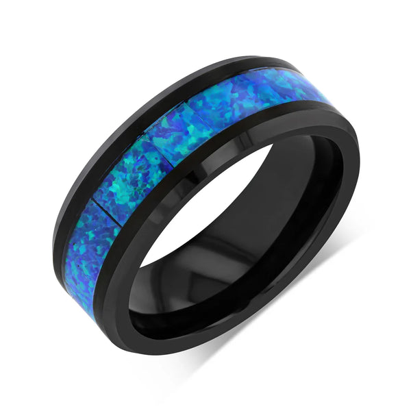 “IRIDESCENCE” Tungsten Carbide Black Ring 8mm w/ Blue Opal