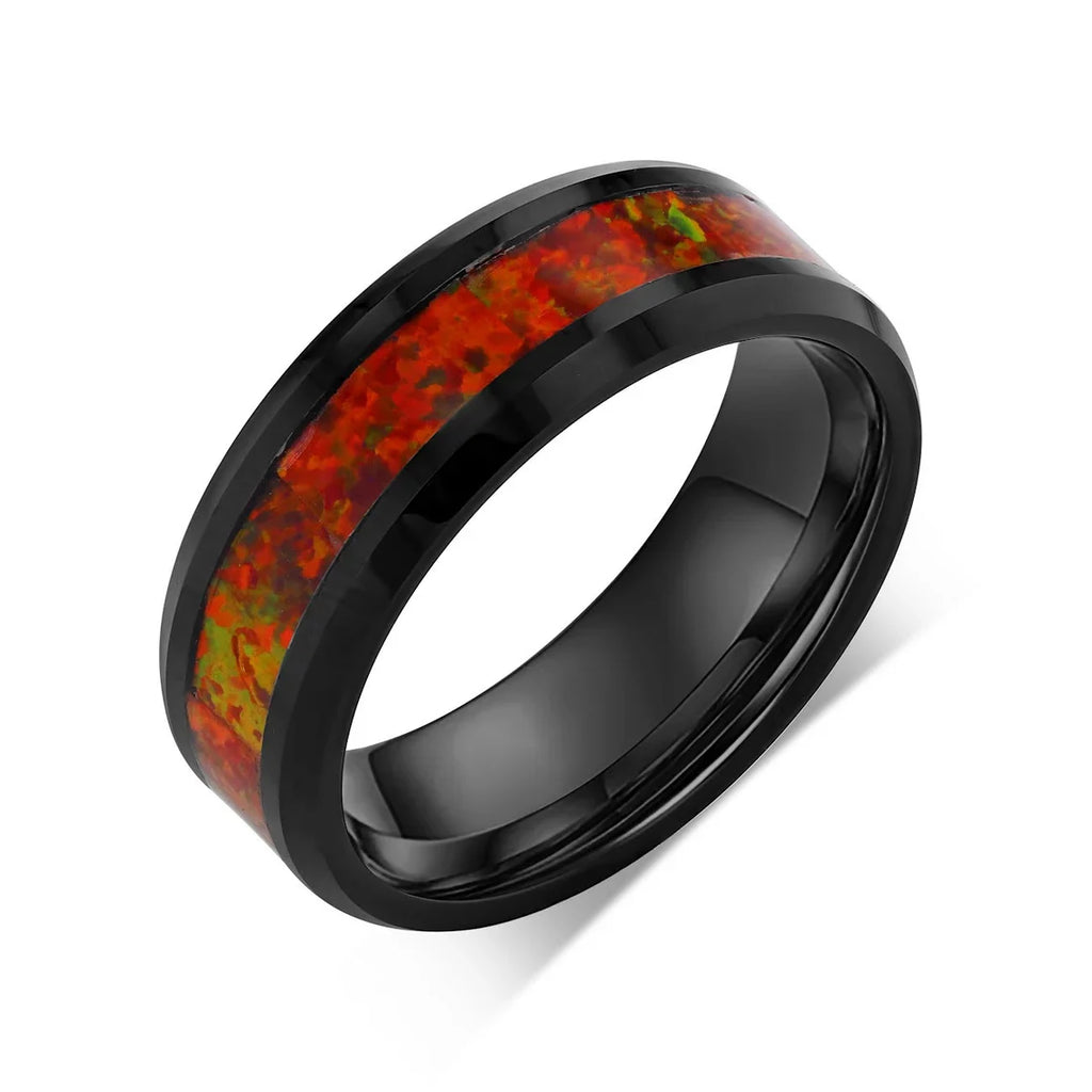 “IRIDESCENCE” Tungsten Carbide Black Ring 8mm w/ Red Opal
