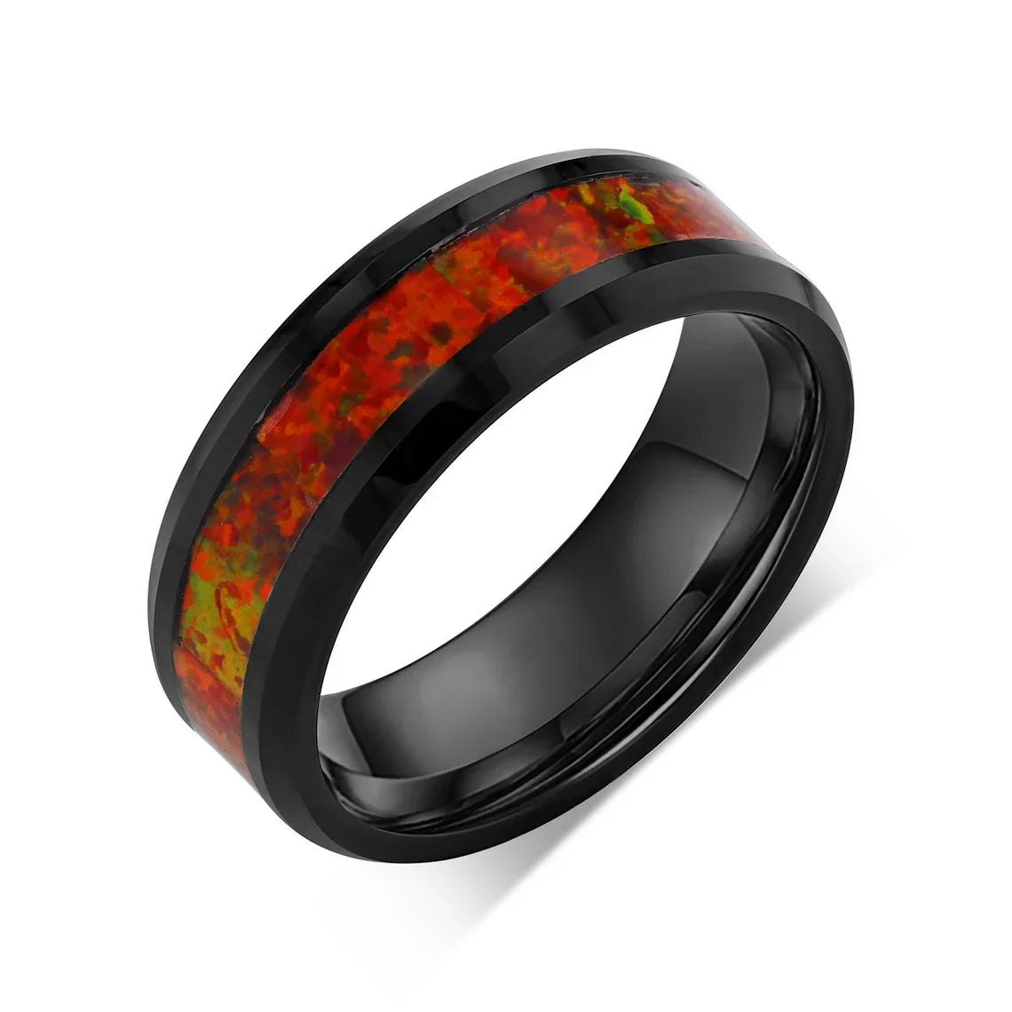 “IRIDESCENCE” Tungsten Carbide Black Ring 8mm w/ Red Opal