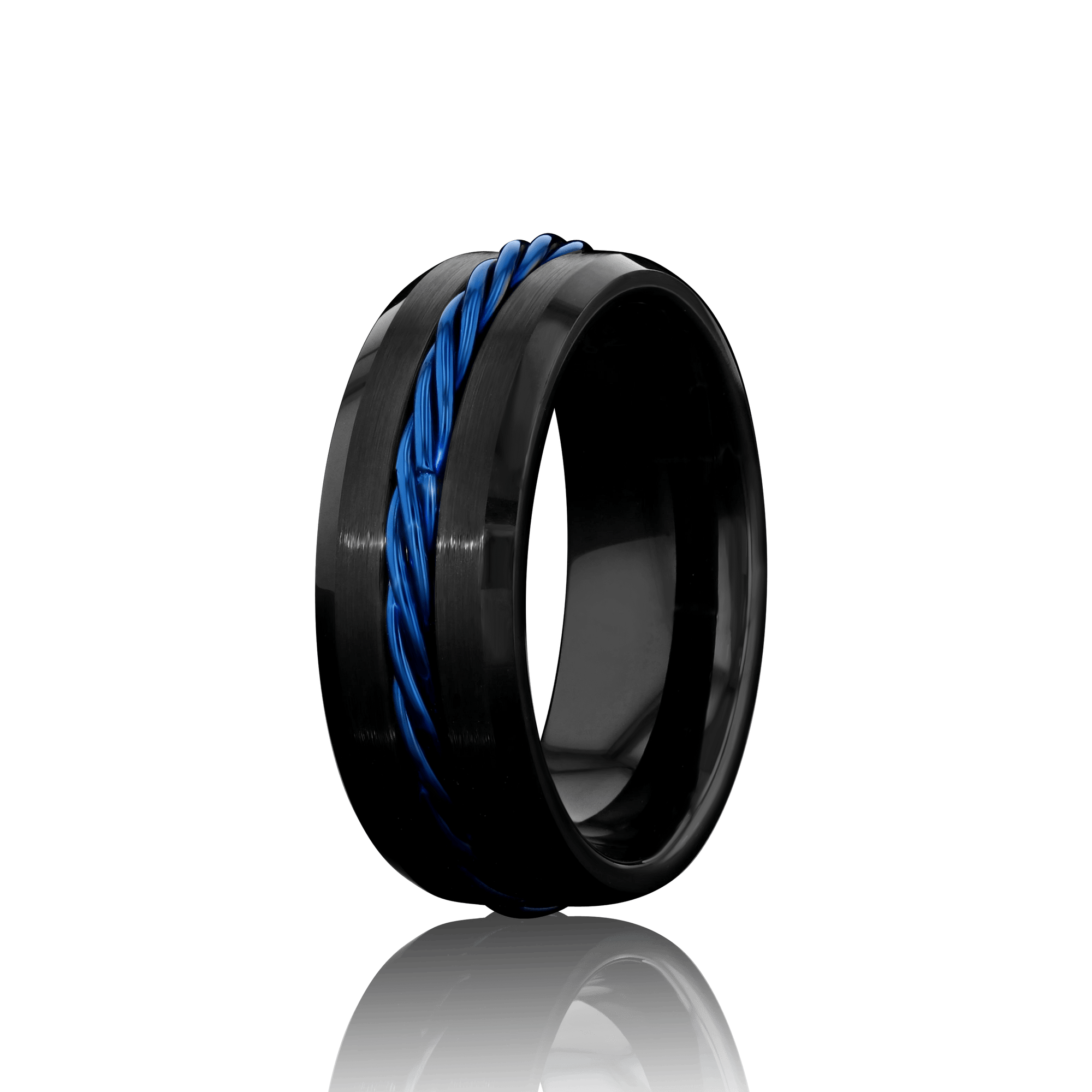 "INTERLACE" Tungsten Carbide Black Ring 8mm w/ Blue Knot - Pristine Pieces By Amy