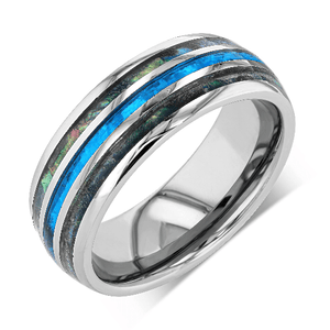 "MOSAIC" Tungsten Carbide Silver Ring 8mm w/ Opal and Abalone - Pristine Pieces By Amy