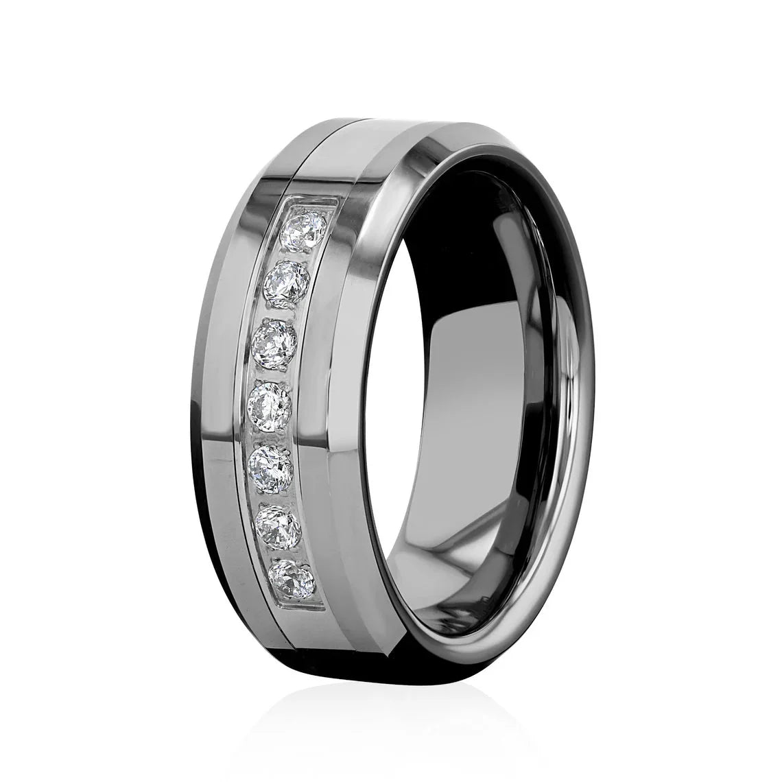 "SENTINEL" Tungsten Carbide Silver Ring 8mm w/ 7 Cubic Zirconia Stones - Pristine Pieces By Amy