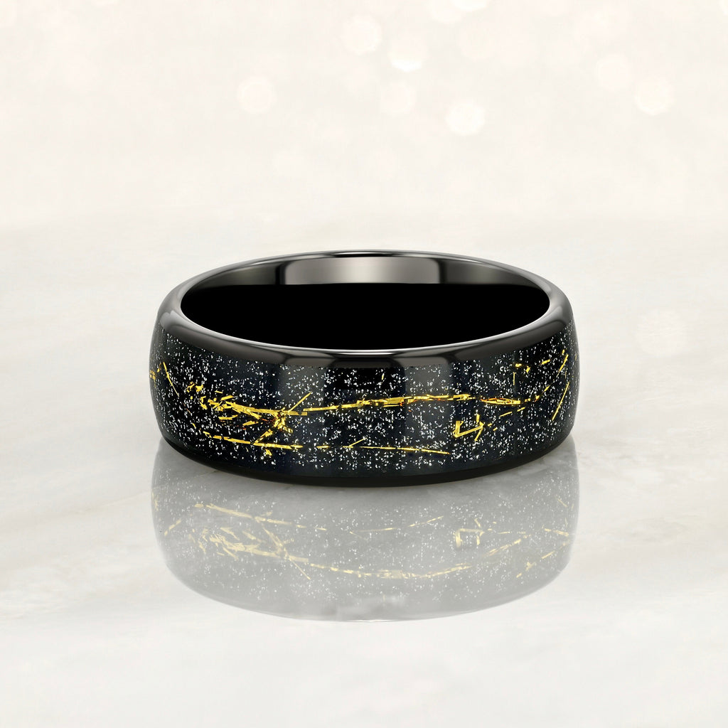 "STARDUST" Tungsten Carbide Black Ring 8mm w/ Meteorite Dust and Gold Specs - Pristine Pieces By Amy