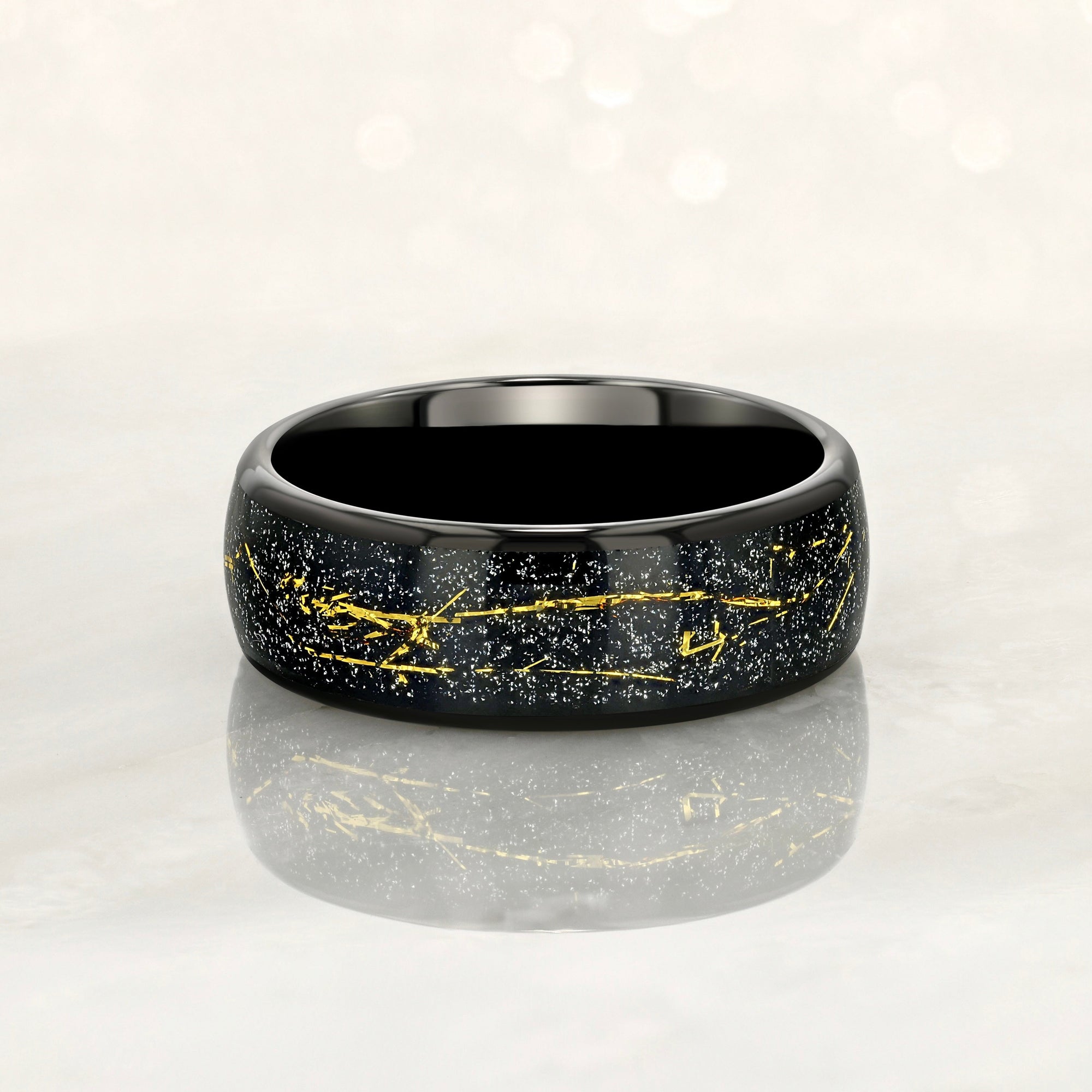 "STARDUST" Tungsten Carbide Black Ring 8mm w/ Meteorite Dust and Gold Specs - Pristine Pieces By Amy
